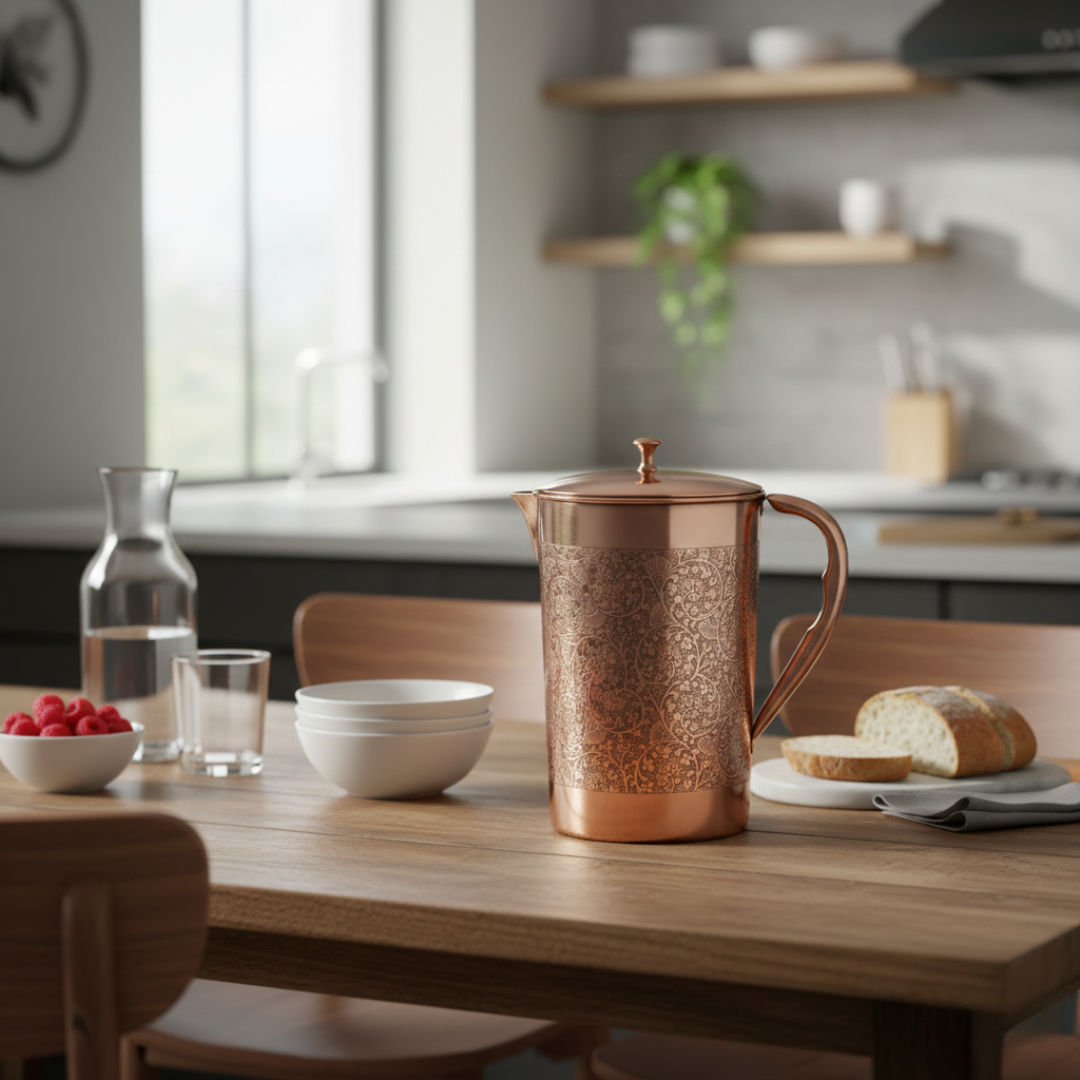 Pure copper embossed jug with brass knob on lid fullembossed, 2000 ML